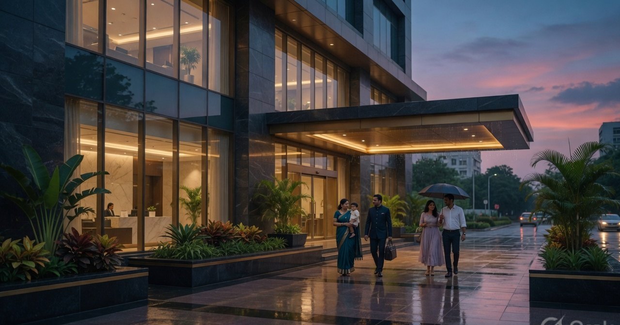 A luxury HealMe Micro Clinic at dusk, with families arriving at the glass entrance