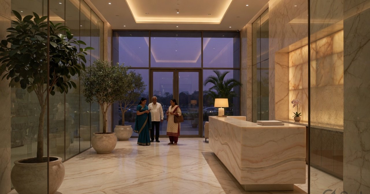Marble lobby of a HealMe Micro Clinic at dusk
