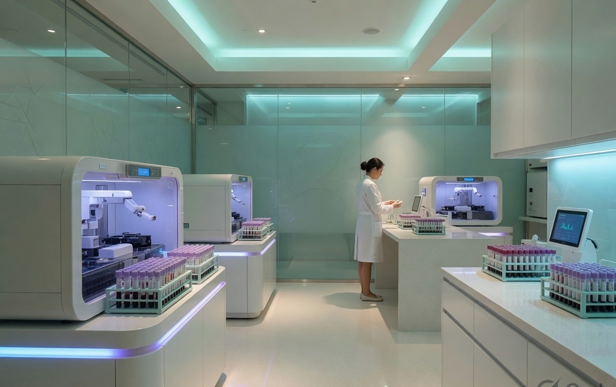 Laboratory analyser processing blood samples in a diagnostics lab