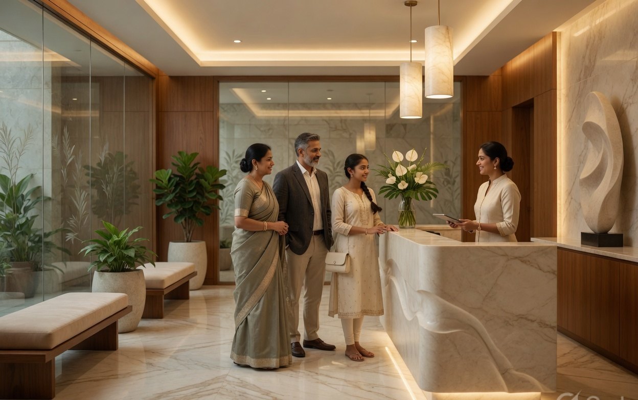 A family being welcomed at a HealMe healthcare centre reception