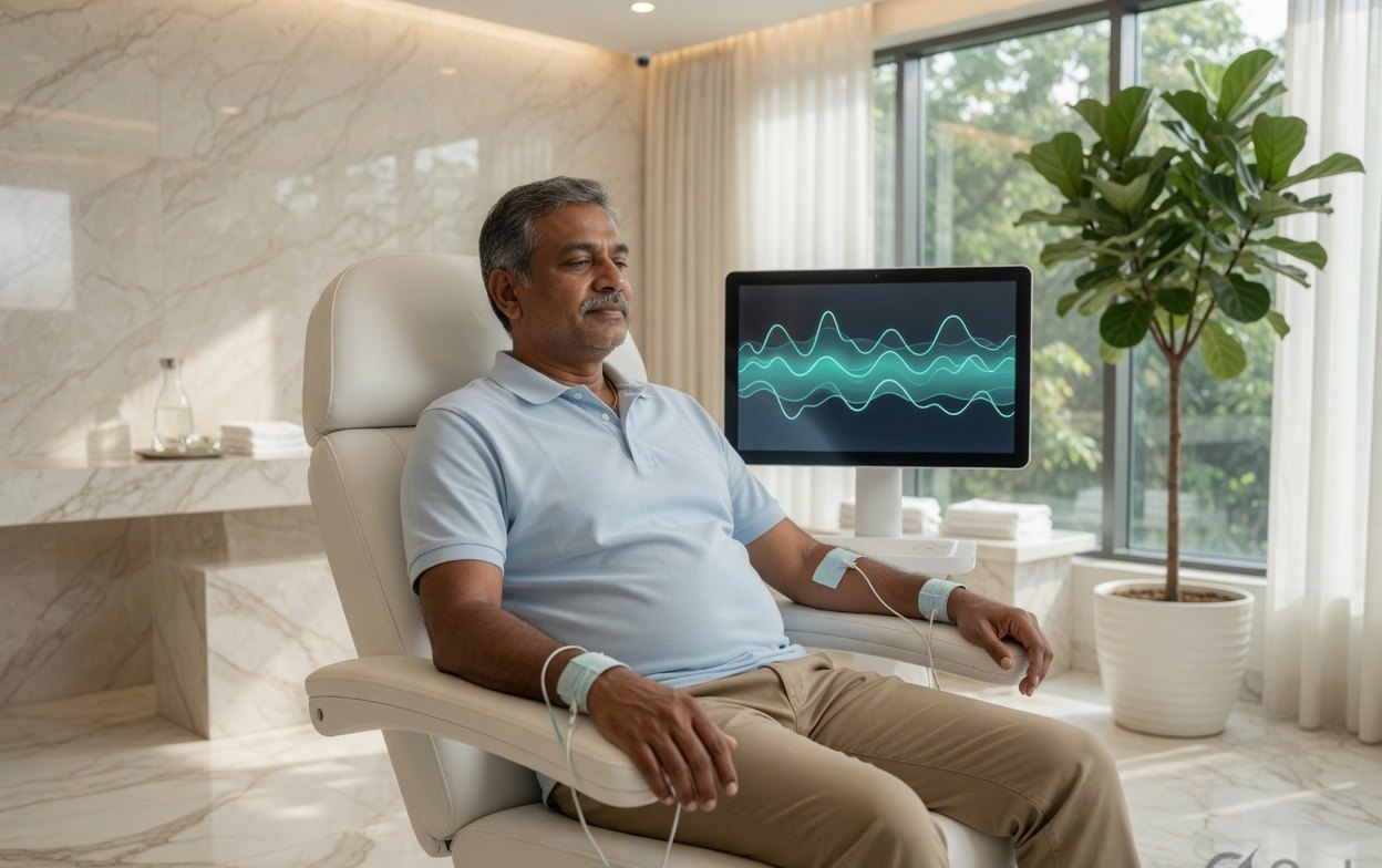A patient seated in an AI health screening chair inside a HealMe Micro Clinic